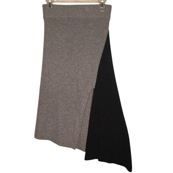 Sales Sample Dresses & Skirts - Asymmetrical Gray Black Wool Cashmere Angora Midi Skirt Ribbed Knit Design Small
